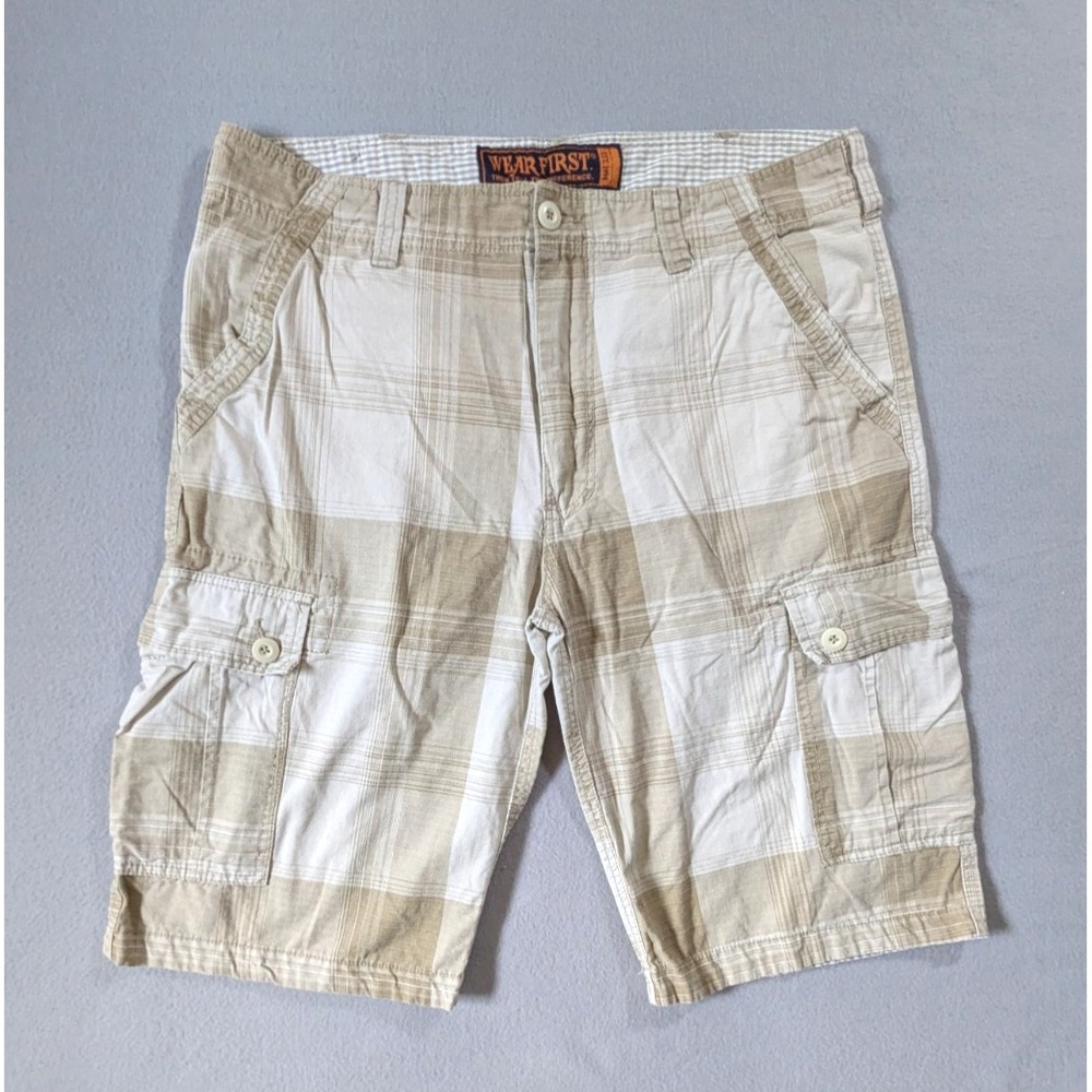 WearFirst Cargo Shorts Mens‎ 38 (tag 36) White Beige Plaid 13" Inseam Cotton